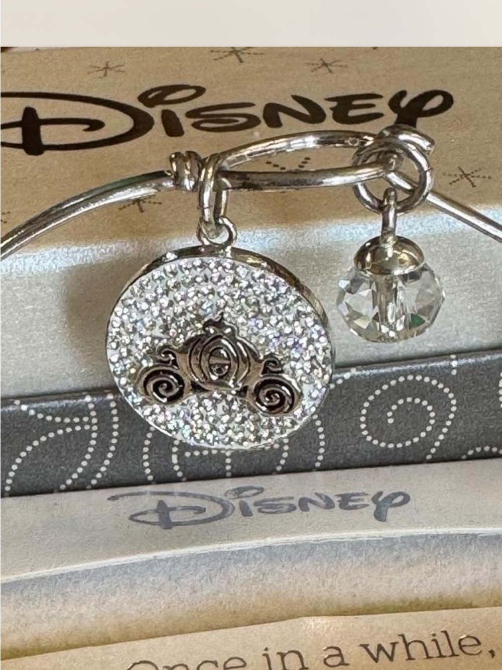 Disney Cinderella Silver Crystal Carriage Charm Bangle with Clear Dangle Accent